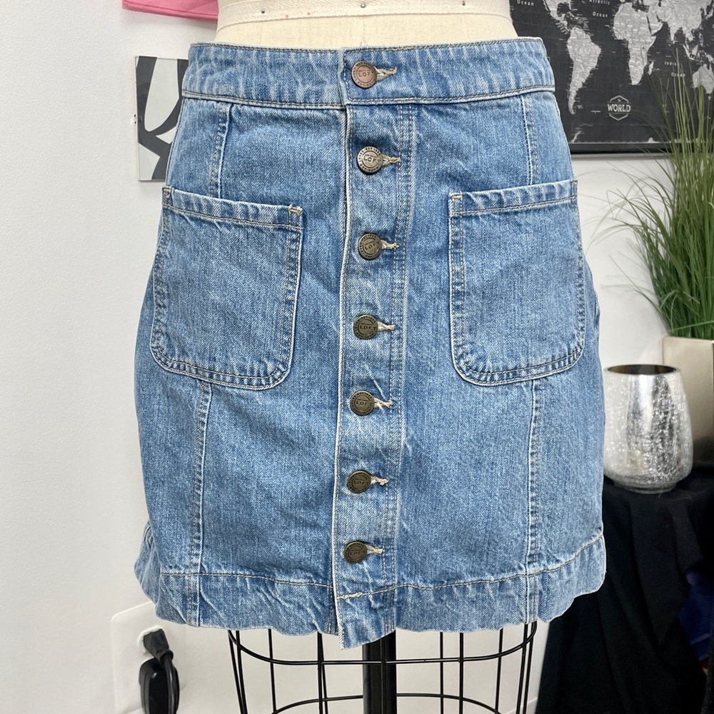 90s Classic denim button front mini skirt with pockets | Ann Taylor Loft